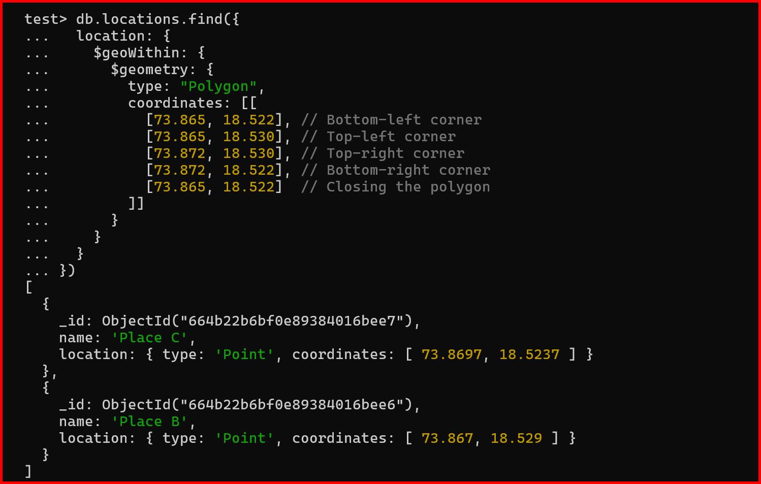 Picture showing the output of $geowithin operator in mongodb